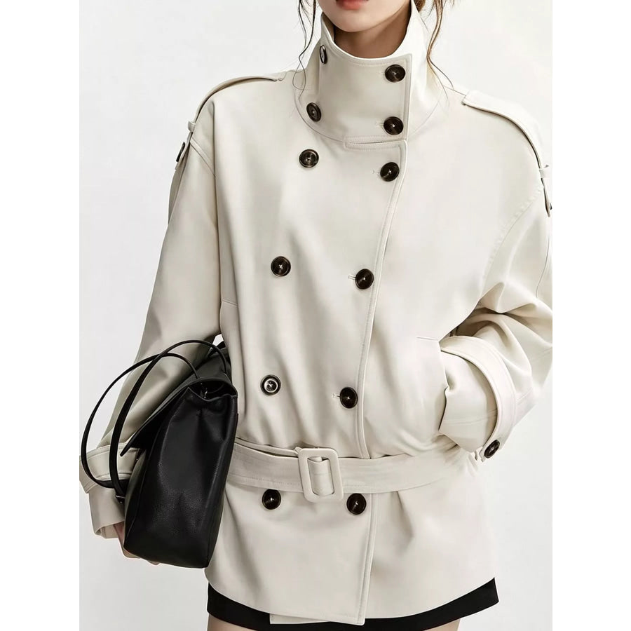Double-Breasted Turtleneck Trench Outerwear White / S Apparel and Accessories