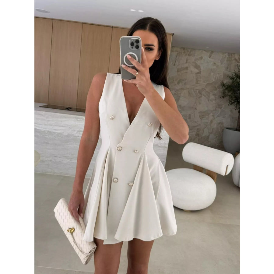 Double-Breasted V-Neck Mini Dress Beige / S Apparel and Accessories