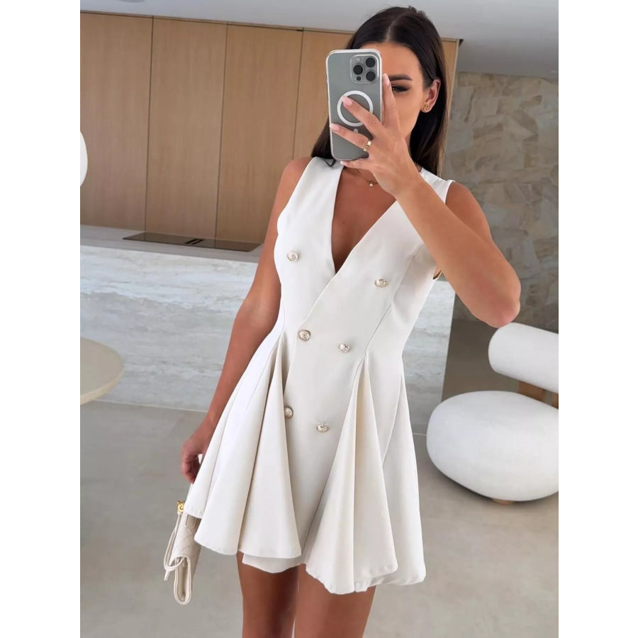 Double-Breasted V-Neck Mini Dress Beige / S Apparel and Accessories