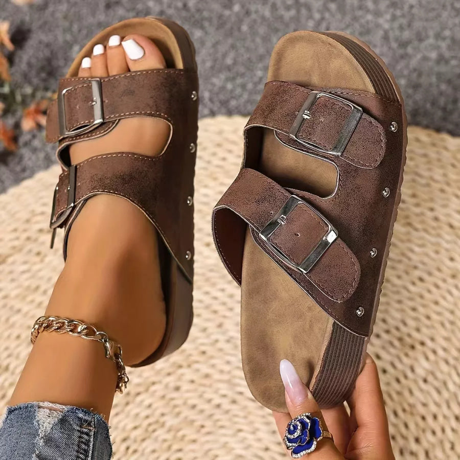 Double Buckle Open Toe Platform Sandals Brown / 36 Apparel and Accessories