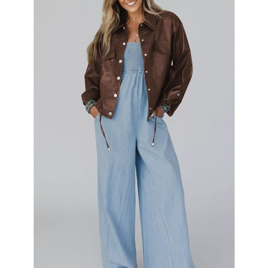 Double Flap Pocket Drawstring Hem Leather Jacket Apparel and Accessories