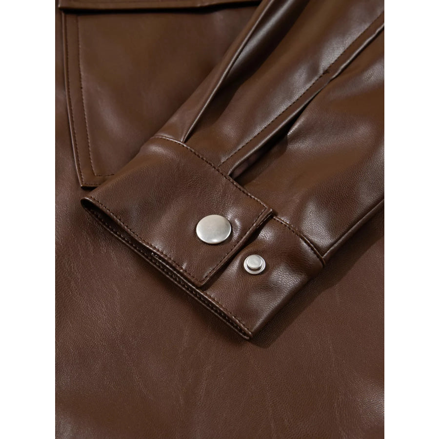 Double Flap Pocket Drawstring Hem Leather Jacket Apparel and Accessories