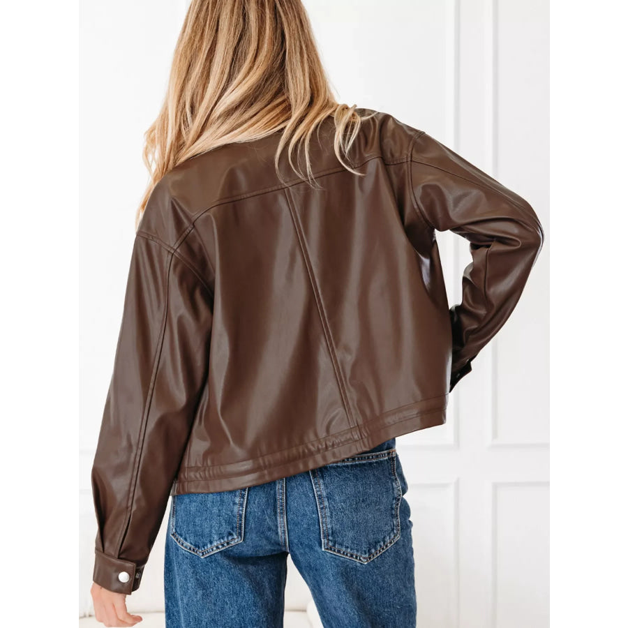 Double Flap Pocket Drawstring Hem Leather Jacket Apparel and Accessories