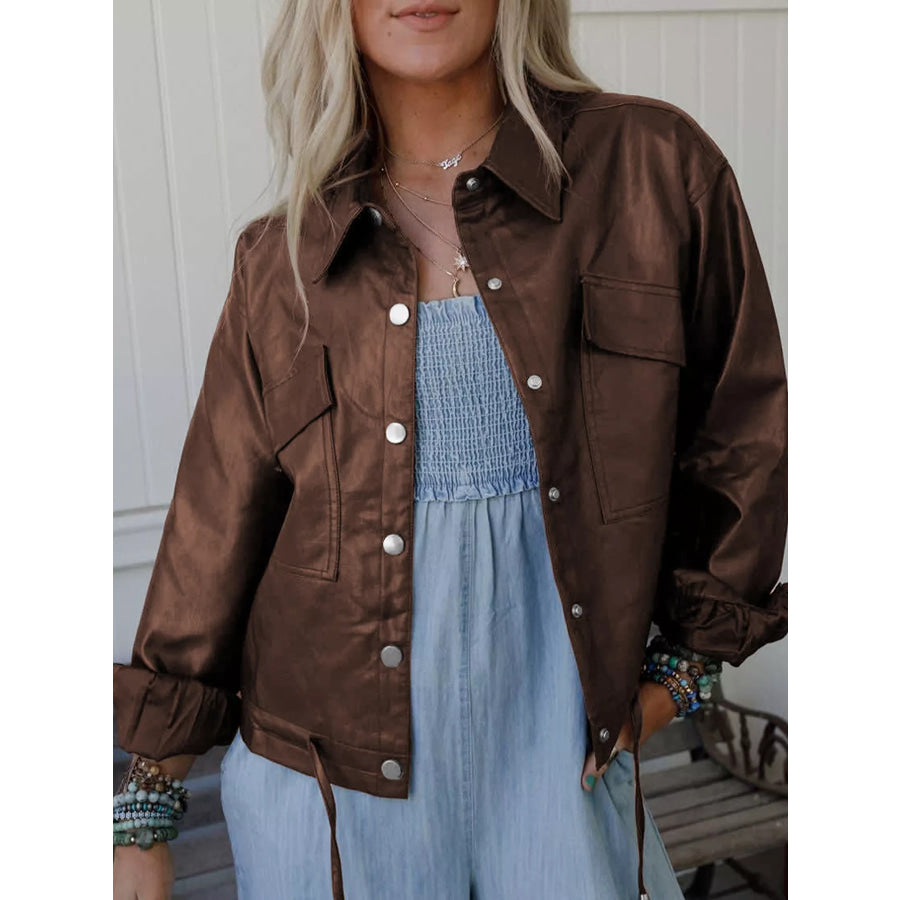 Double Flap Pocket Drawstring Hem Leather Jacket Apparel and Accessories