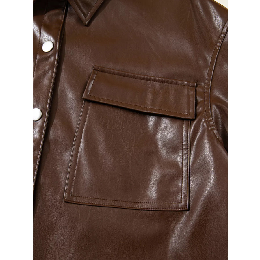Double Flap Pocket Drawstring Hem Leather Jacket Apparel and Accessories