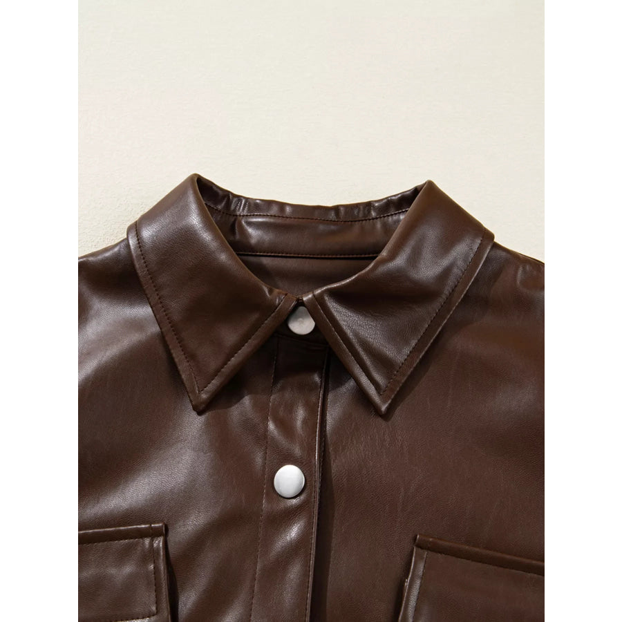 Double Flap Pocket Drawstring Hem Leather Jacket Apparel and Accessories