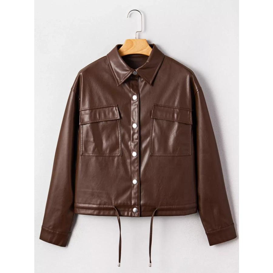 Double Flap Pocket Drawstring Hem Leather Jacket Apparel and Accessories