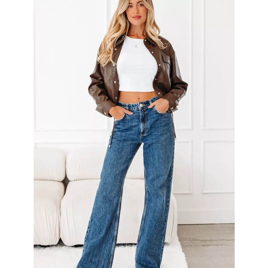 Double Flap Pocket Drawstring Hem Leather Jacket Apparel and Accessories