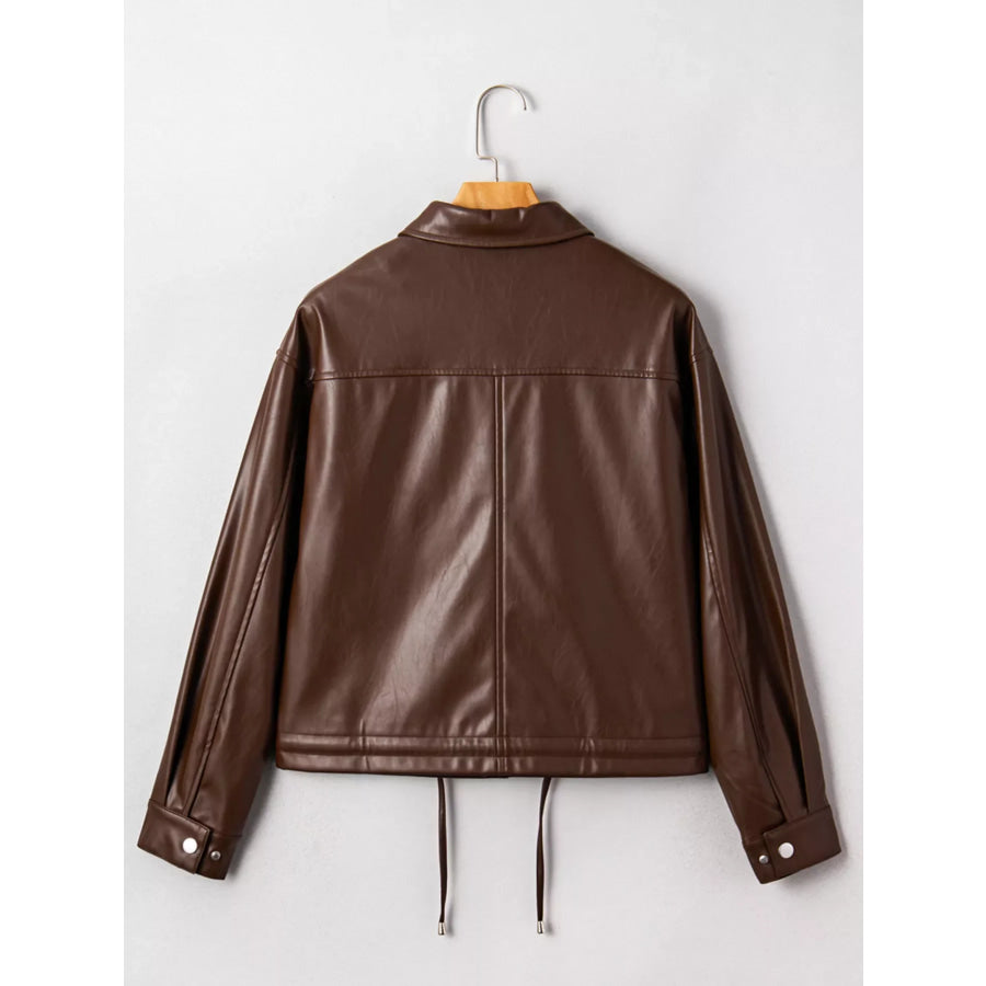 Double Flap Pocket Drawstring Hem Leather Jacket Apparel and Accessories