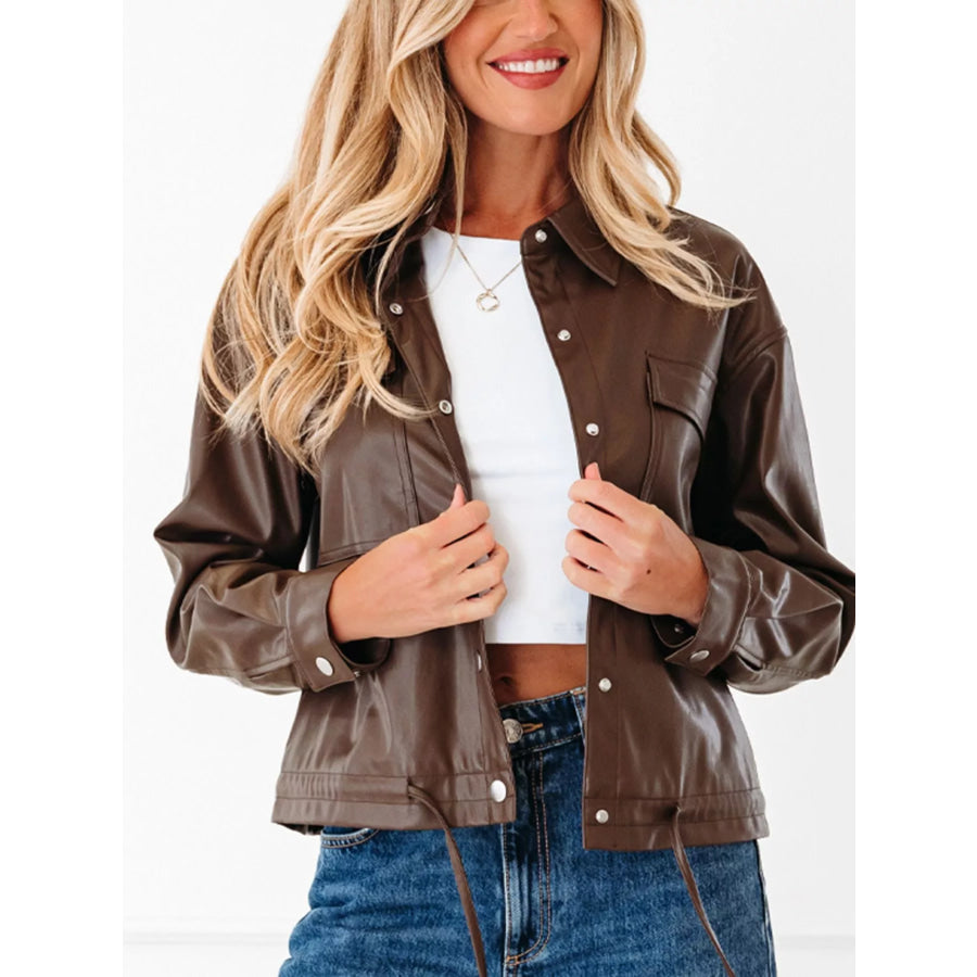 Double Flap Pocket Drawstring Hem Leather Jacket Apparel and Accessories