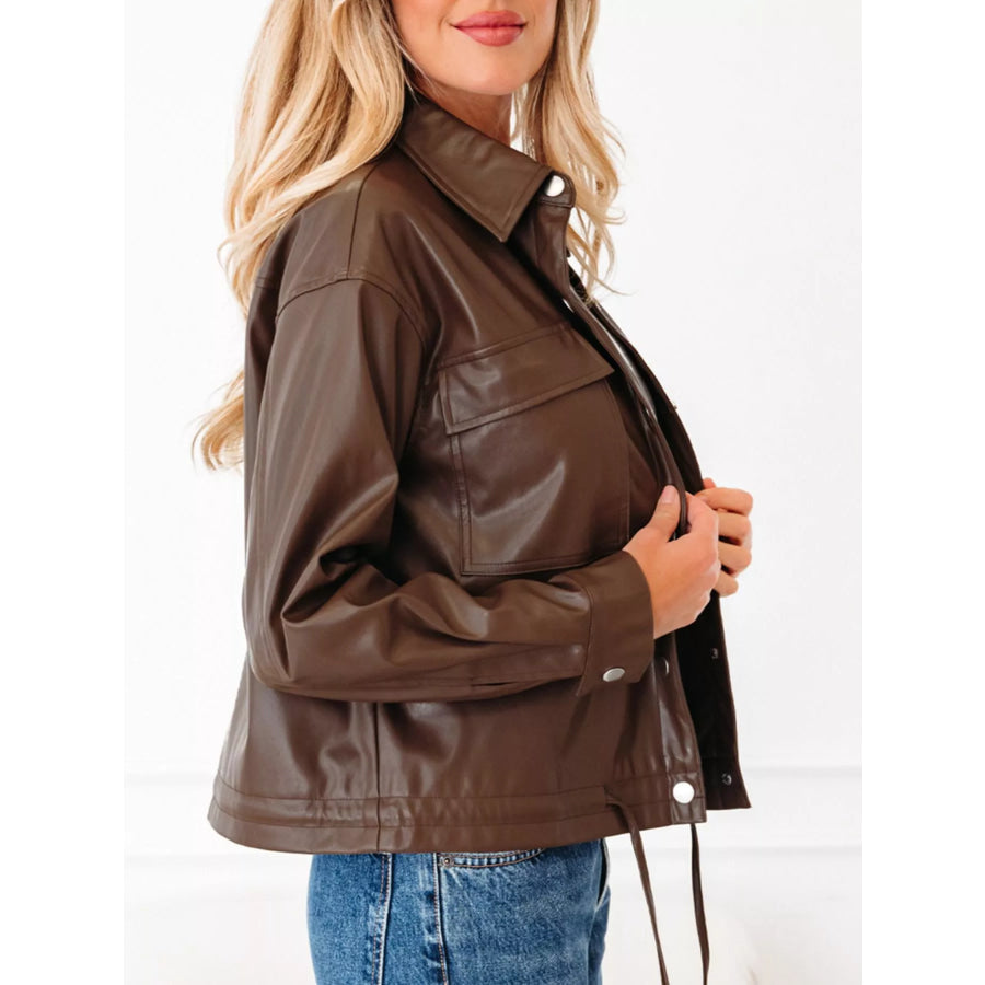 Double Flap Pocket Drawstring Hem Leather Jacket Apparel and Accessories