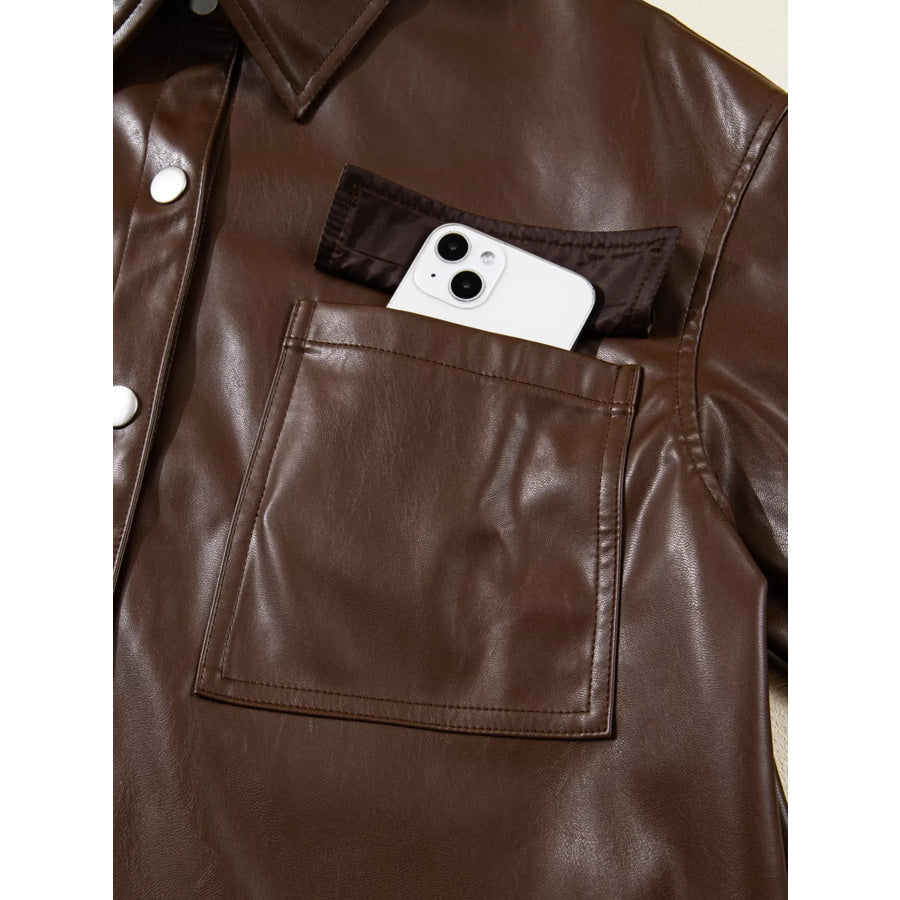 Double Flap Pocket Drawstring Hem Leather Jacket Apparel and Accessories
