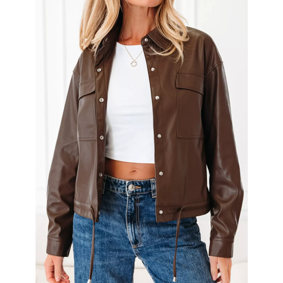 Double Flap Pocket Drawstring Hem Leather Jacket Dark Brown / M Apparel and Accessories