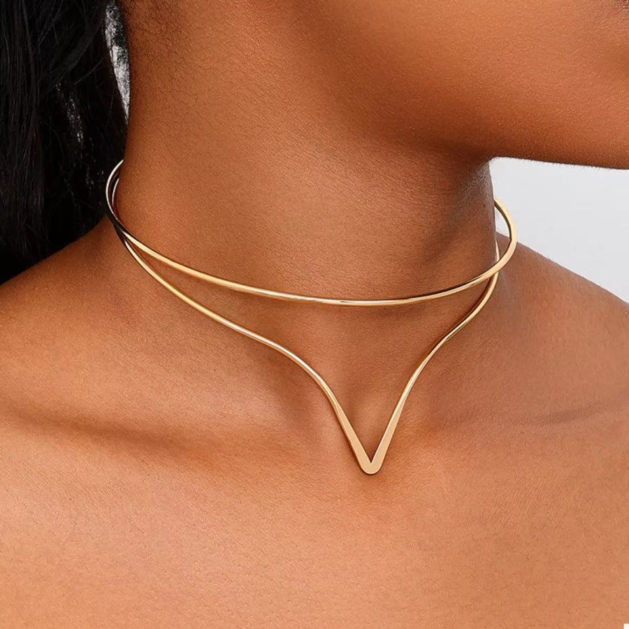 Double Layer V-Shaped Choker Necklace Golden / One Size Apparel and Accessories