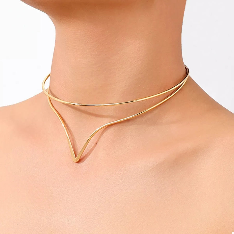 Double Layer V-Shaped Choker Necklace Golden / One Size Apparel and Accessories