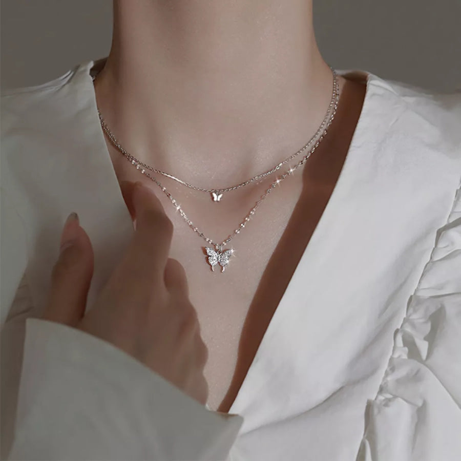 Double Layered Butterfly Necklace White Gold / One Size Apparel and Accessories