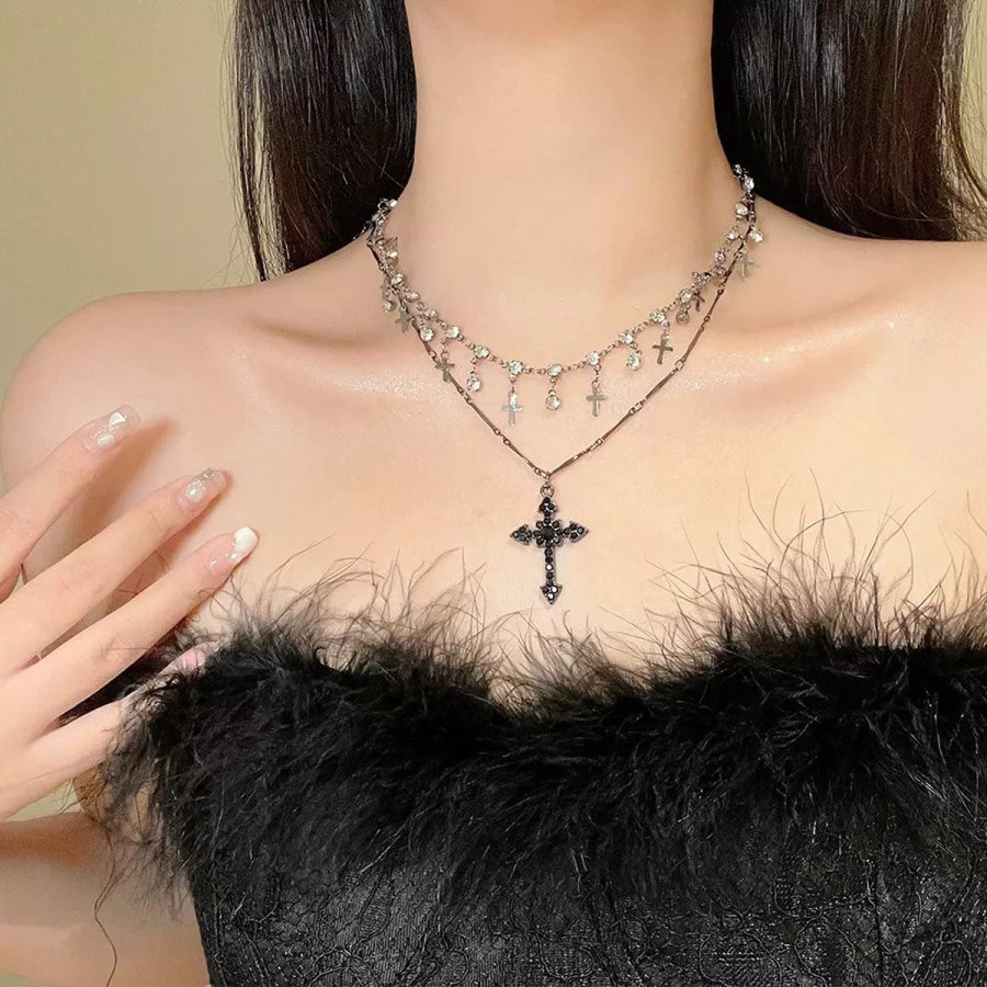 Double Layered Cross Pendant Necklace Black / onesize Apparel and Accessories