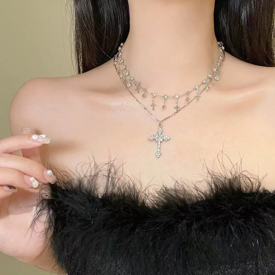Double Layered Cross Pendant Necklace Silver / onesize Apparel and Accessories