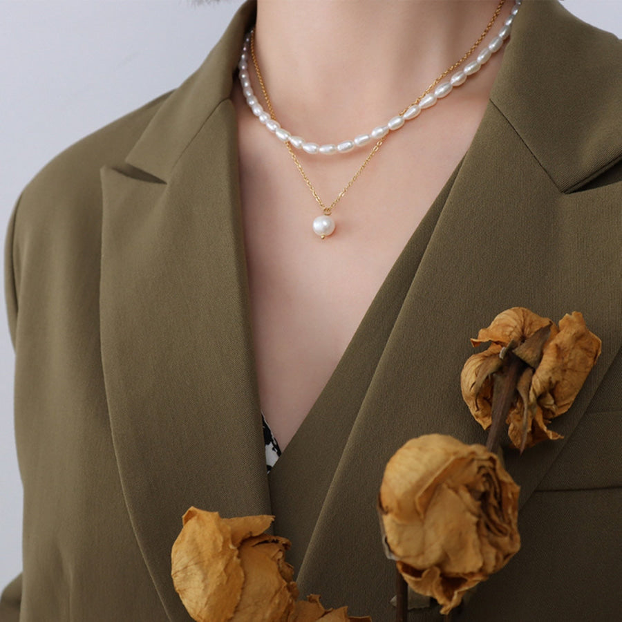 Double - Layered Freshwater Pearl Necklace Gold / One Size Apparel and Accessories