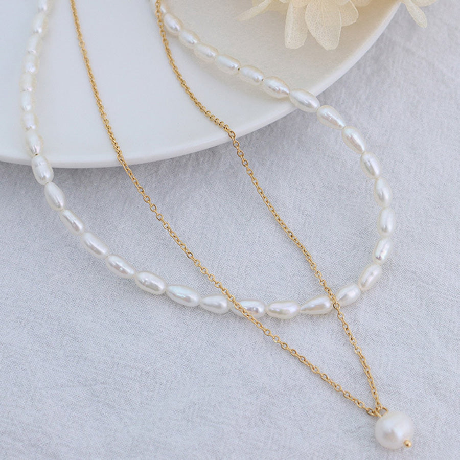 Double - Layered Freshwater Pearl Necklace Gold / One Size Apparel and Accessories