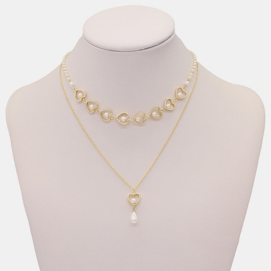 Double - Layered Heart &amp; Pearl Pendant Necklace Gold / One Size Apparel and Accessories