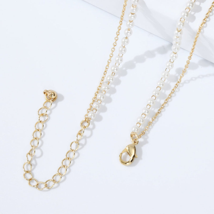 Double - Layered Heart &amp; Pearl Pendant Necklace Gold / One Size Apparel and Accessories