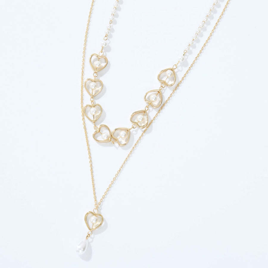 Double - Layered Heart & Pearl Pendant Necklace Gold / One Size Apparel and Accessories