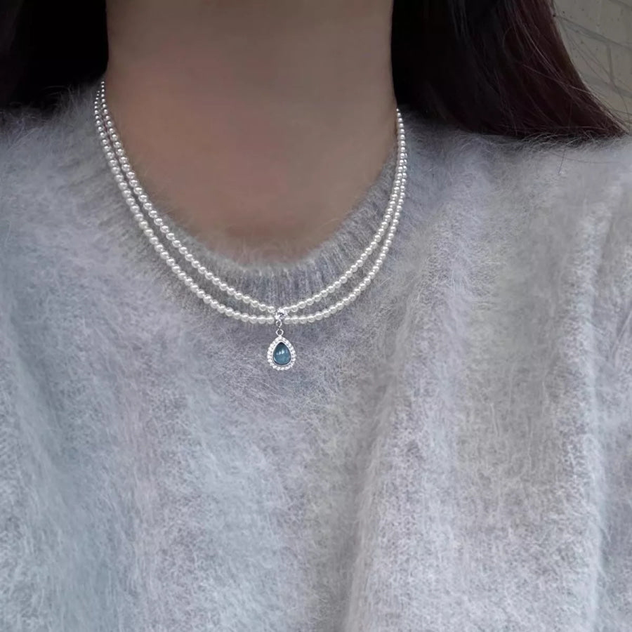 Double Layered Pearl Necklace with Teardrop Pendant Pastel Blue / One Size Apparel and Accessories