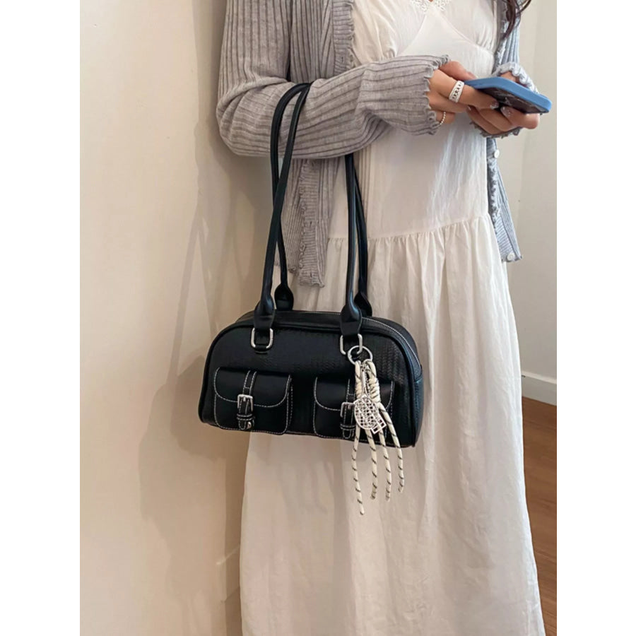 Double Pockets Front Shoulder Bag Black / One Size Apparel and Accessories