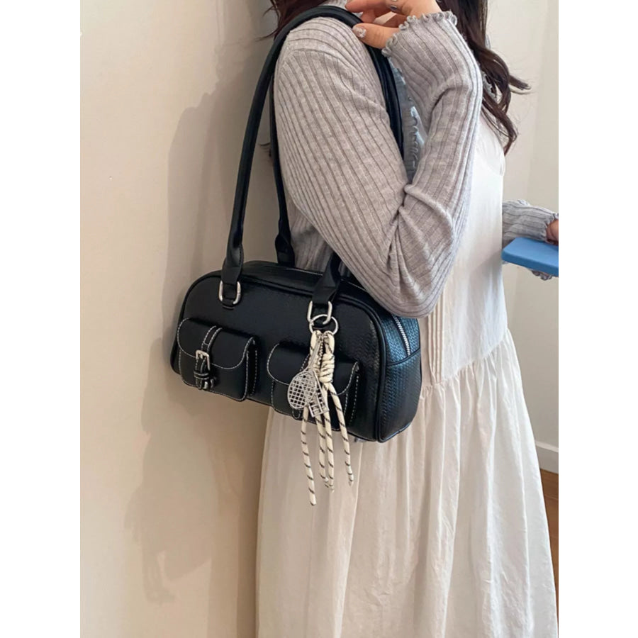Double Pockets Front Shoulder Bag Black / One Size Apparel and Accessories