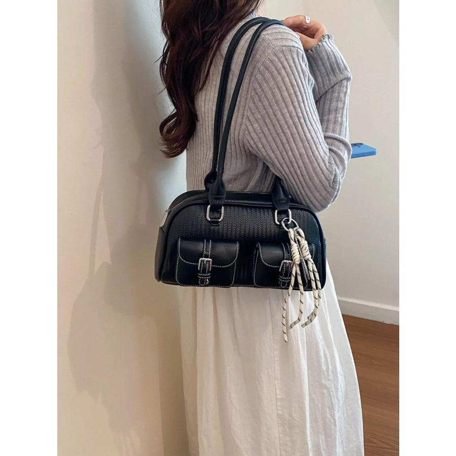 Double Pockets Front Shoulder Bag Black / One Size Apparel and Accessories