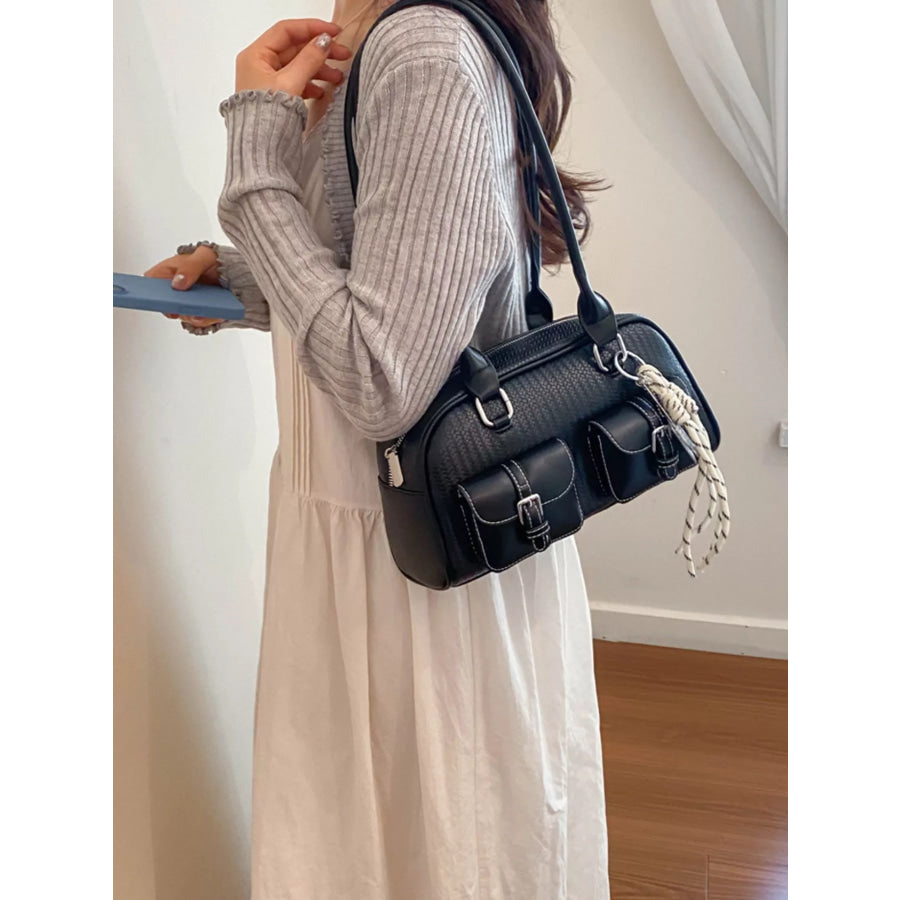 Double Pockets Front Shoulder Bag Black / One Size Apparel and Accessories