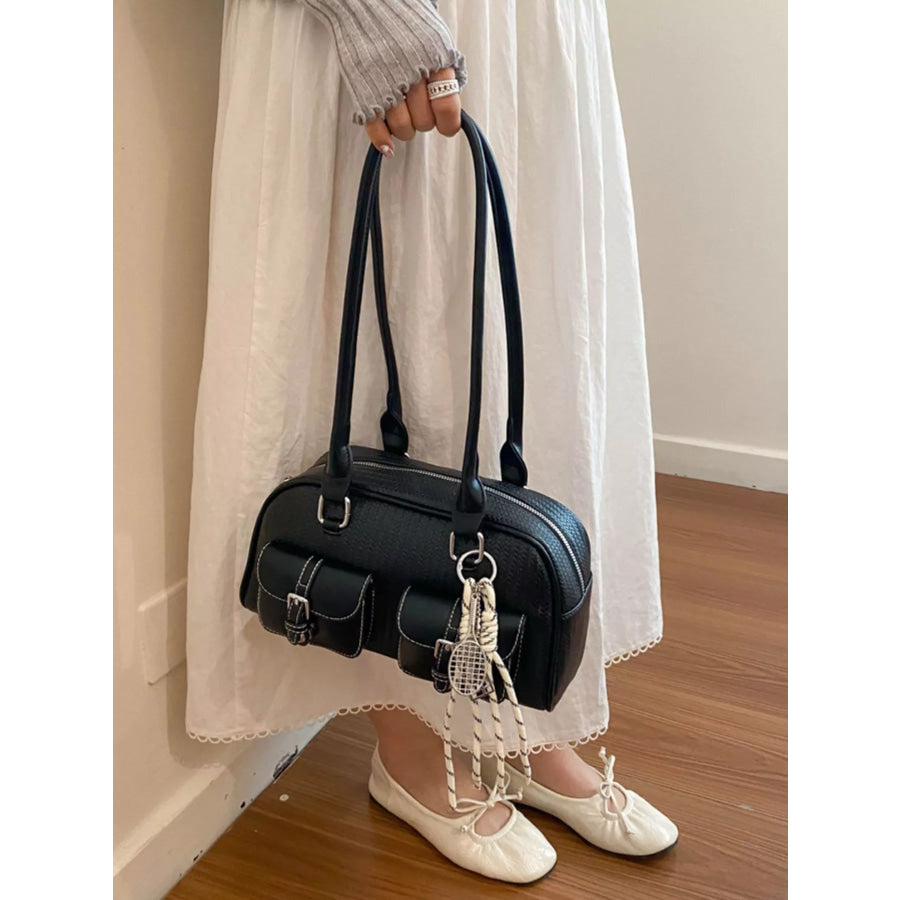 Double Pockets Front Shoulder Bag Black / One Size Apparel and Accessories