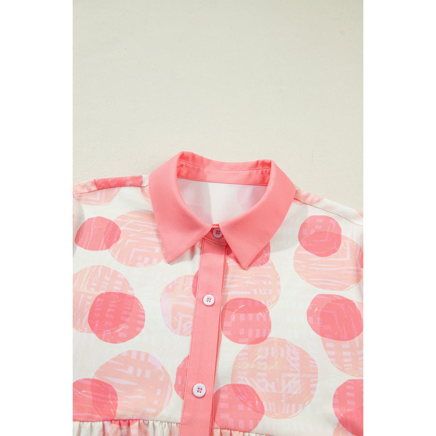 Double Polka Dot Printed Ruffle Trim Short Sleeve Babydoll Shirt Apparel and Accessories
