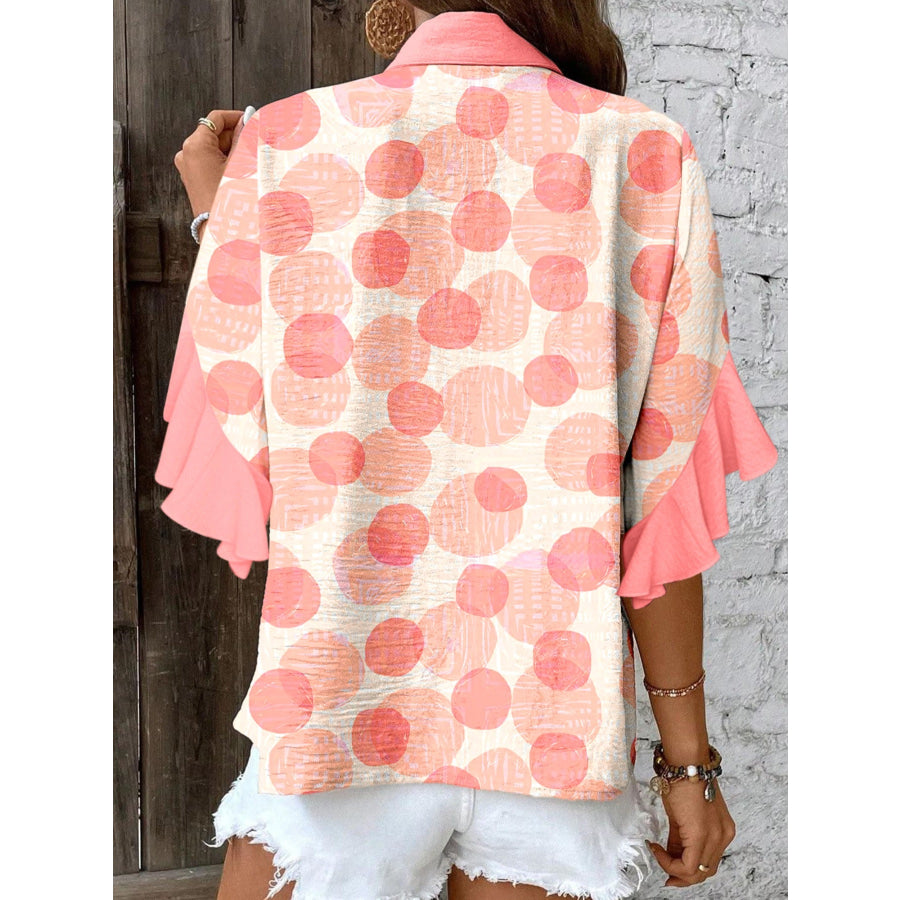 Double Polka Dot Printed Ruffle Trim Short Sleeve Babydoll Shirt Apparel and Accessories