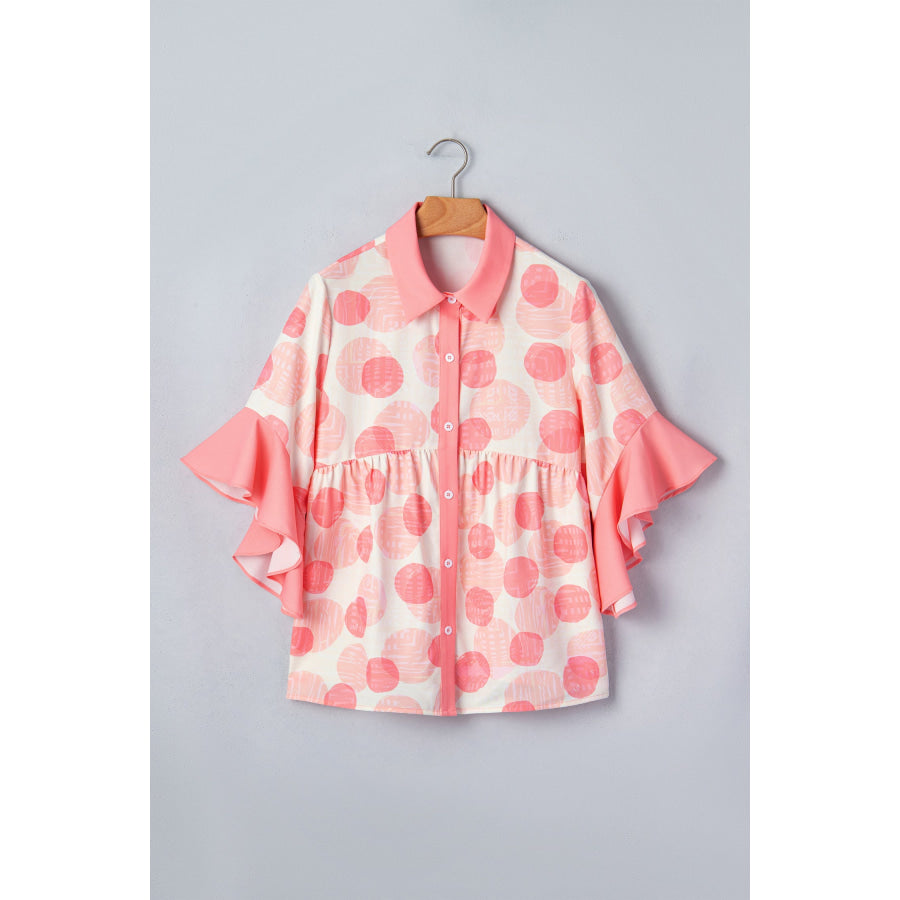 Double Polka Dot Printed Ruffle Trim Short Sleeve Babydoll Shirt Apparel and Accessories