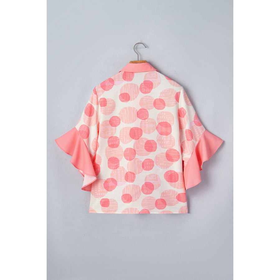Double Polka Dot Printed Ruffle Trim Short Sleeve Babydoll Shirt Apparel and Accessories
