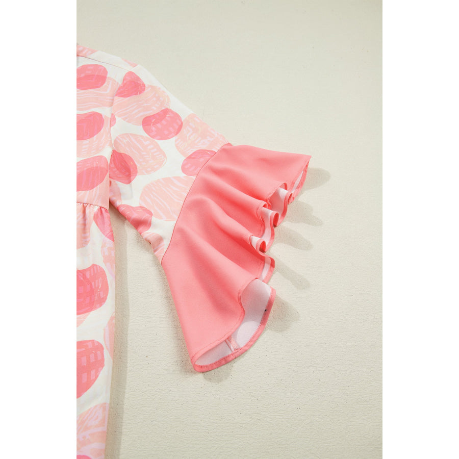 Double Polka Dot Printed Ruffle Trim Short Sleeve Babydoll Shirt Apparel and Accessories