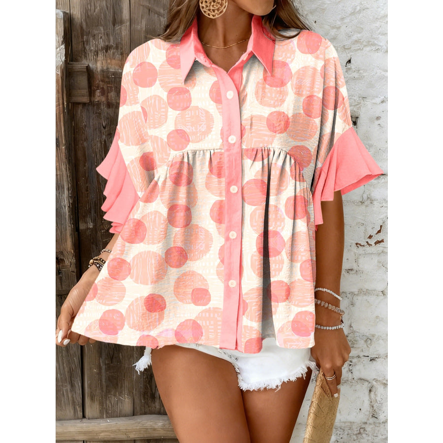 Double Polka Dot Printed Ruffle Trim Short Sleeve Babydoll Shirt Pale Blush / S Apparel and Accessories