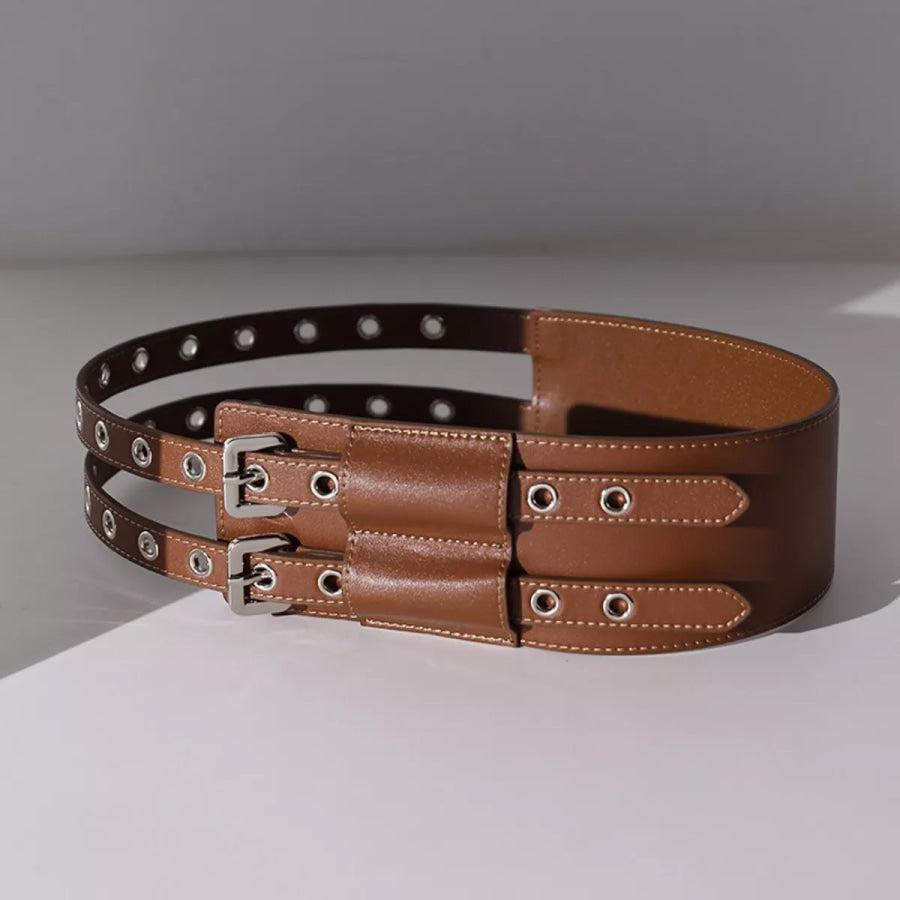 Double Row Grommet Wide Waist Belt Brown / ONESIZE Apparel and Accessories