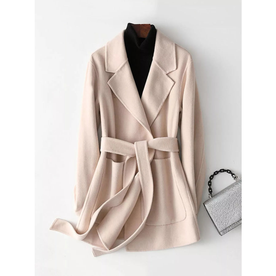 Double-Sided Wool Coat with Belted Beige White / XS Apparel and Accessories