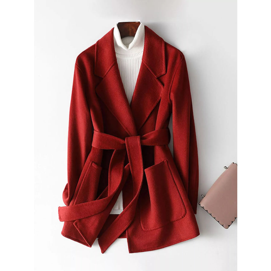 Double-Sided Wool Coat with Belted Burgundy / XS Apparel and Accessories