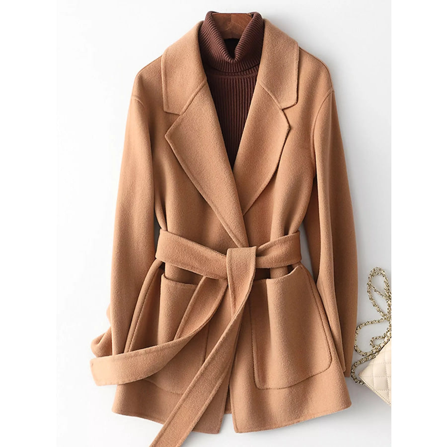 Double-Sided Wool Coat with Belted CAMEL / XS Apparel and Accessories
