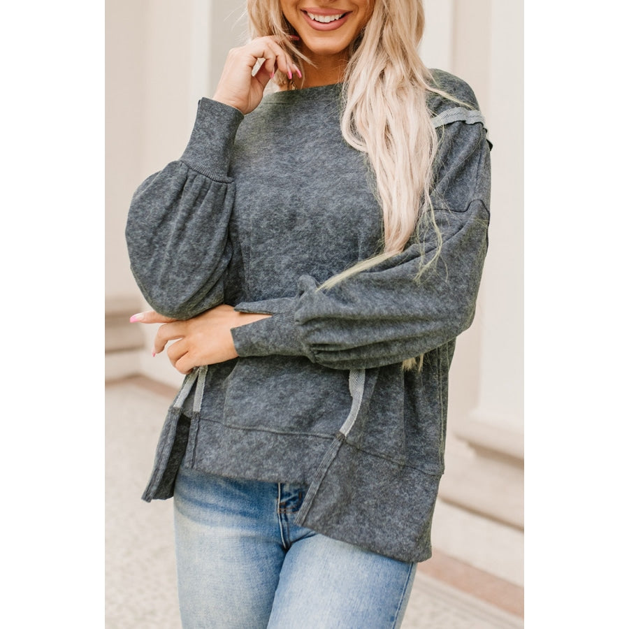 Double Take Acid Wash Round Neck Seam Detail Slit Sweatshirt Charcoal / S