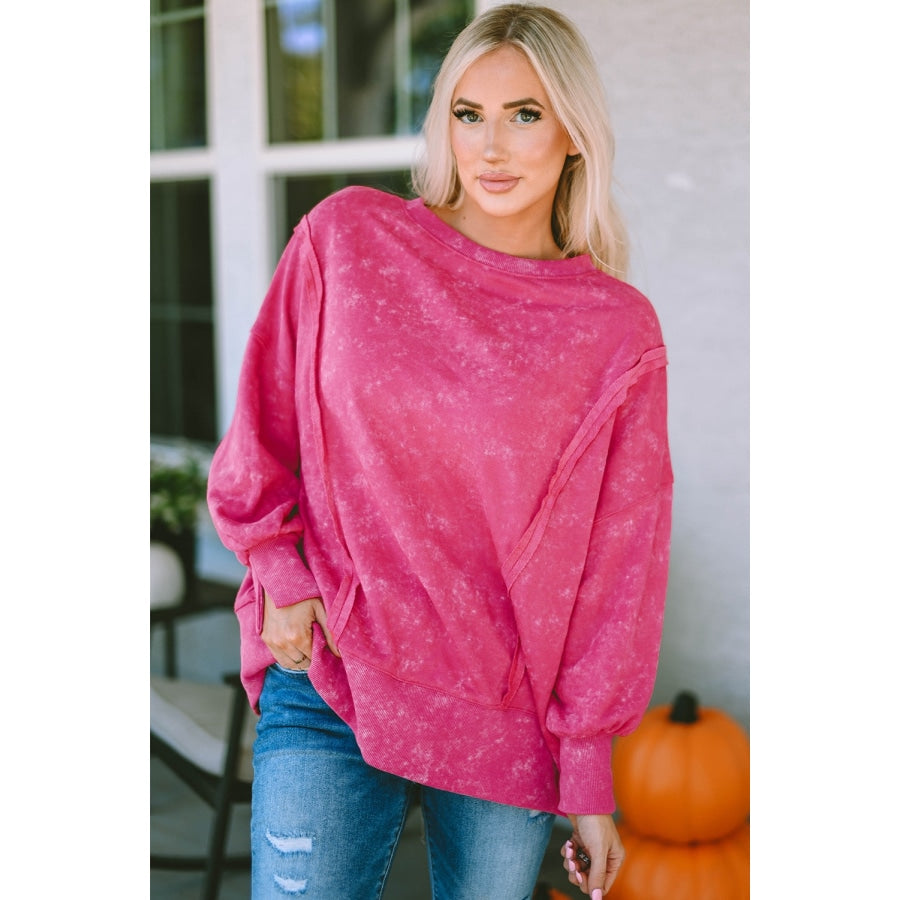 Double Take Acid Wash Round Neck Seam Detail Slit Sweatshirt Hot Pink / S