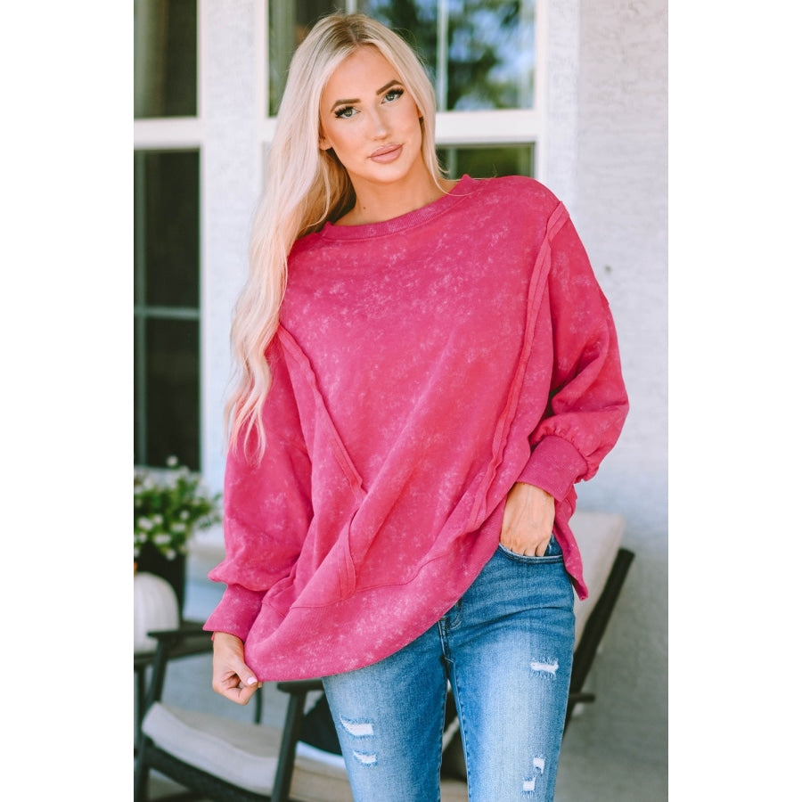 Double Take Acid Wash Round Neck Seam Detail Slit Sweatshirt