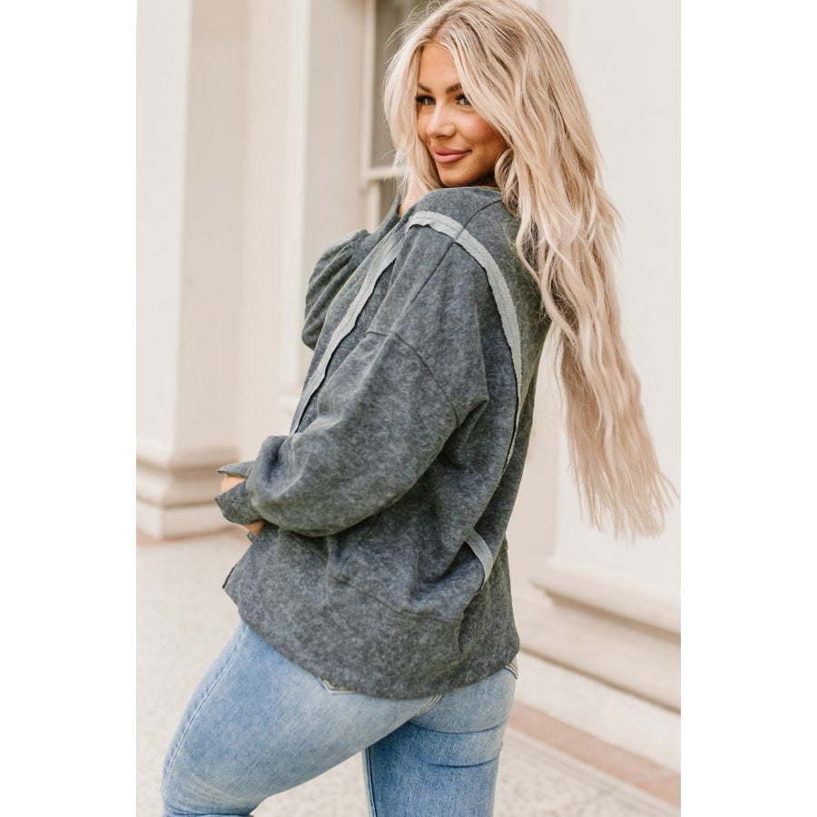 Double Take Acid Wash Round Neck Seam Detail Slit Sweatshirt