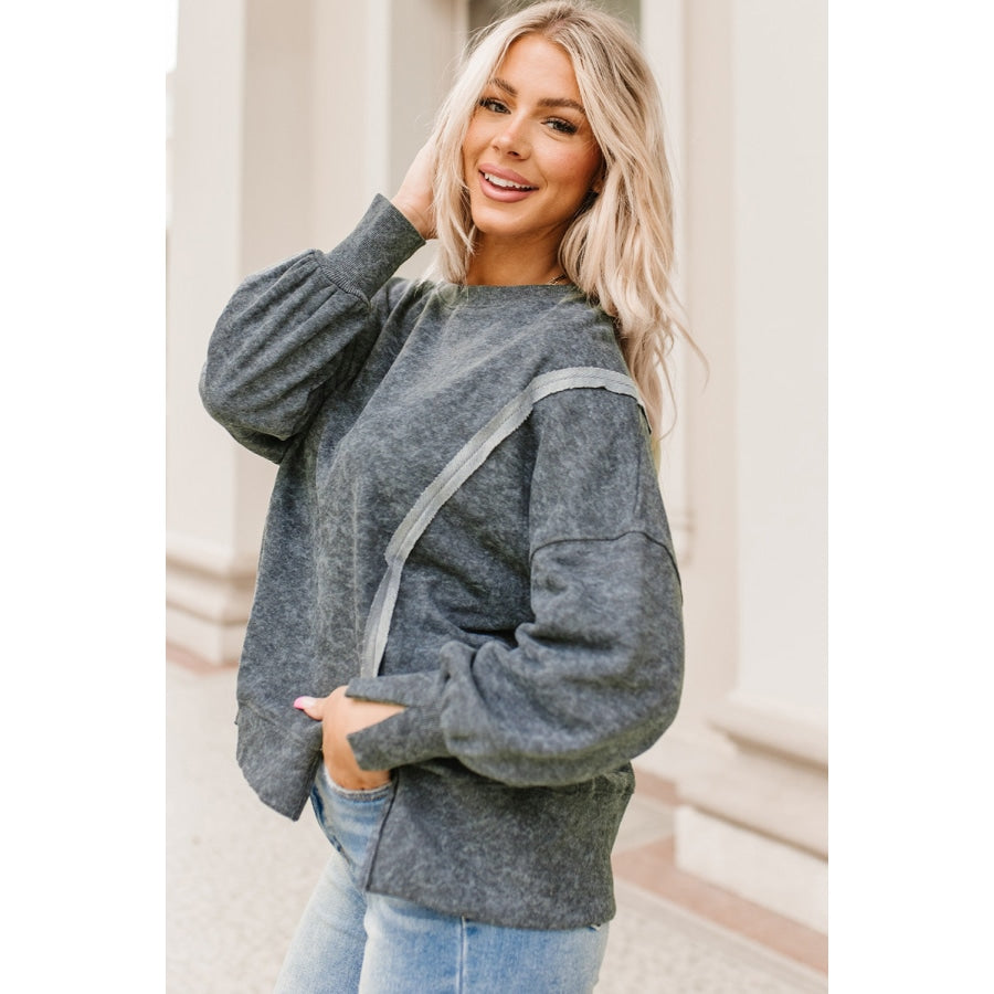 Double Take Acid Wash Round Neck Seam Detail Slit Sweatshirt