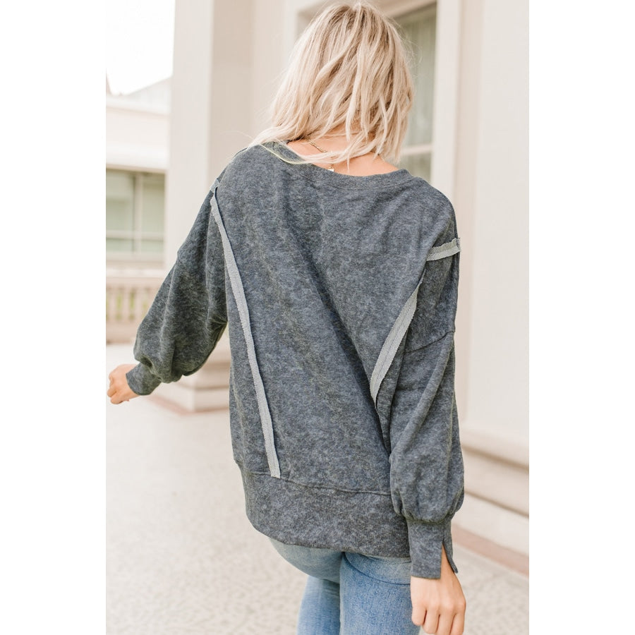 Double Take Acid Wash Round Neck Seam Detail Slit Sweatshirt