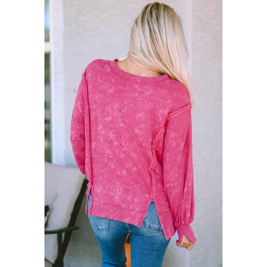 Double Take Acid Wash Round Neck Seam Detail Slit Sweatshirt